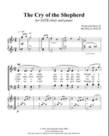 A printed sheet music page for 'The Cry of the Shepherd' for SATB choir and piano, with musical notation, lyrics, the credit 'Woods and Music by Michelle Willis,' and copyright text at the bottom.