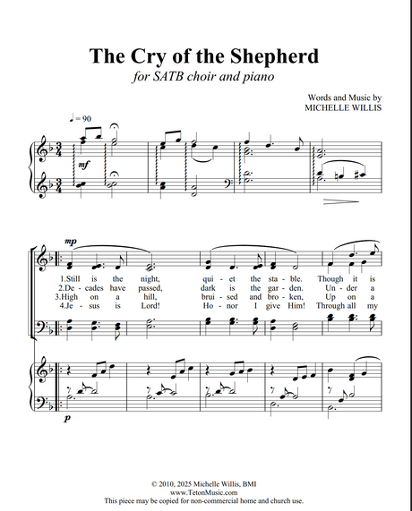 A printed sheet music page for 'The Cry of the Shepherd' for SATB choir and piano, with musical notation, lyrics, the credit 'Woods and Music by Michelle Willis,' and copyright text at the bottom.