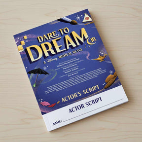 Actor's script for 'Dare to Dream' musical revue on a wooden surface