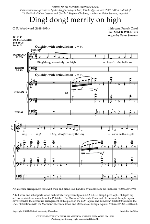 Sheet music for a musical piece titled 'Ding! dong! merrily on high' with musical notation and text.