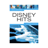 Cover of the sheet music book 'Really Easy Piano - Disney Hits' featuring a close-up of hands playing a piano, with images of various Disney characters in the background.