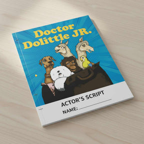 Actor's script for 'Doctor Dolittle Jr.' with cartoon characters on a blue background