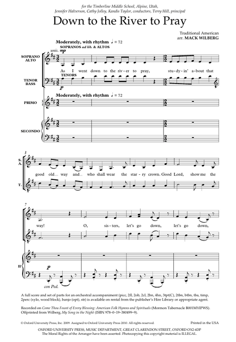 Sheet music for 'Down to the River to Pray' with musical notation and lyrics by Mack Wilberg