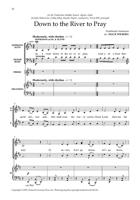 Sheet music for 'Down to the River to Pray' with musical notation and lyrics.