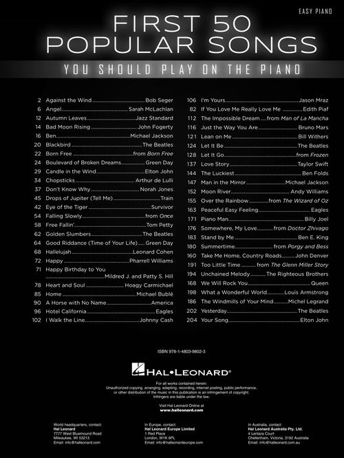 first 50 pop songs easy sheet music list