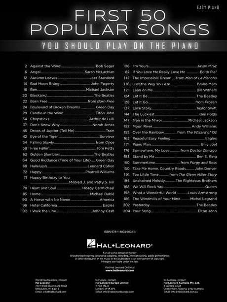 first 50 pop songs easy sheet music list