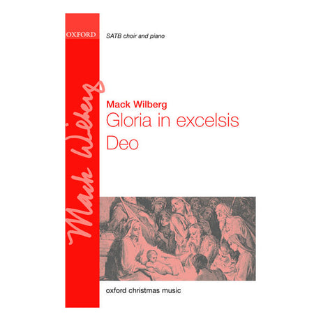 Music sheet cover for 'Gloria in excelsis Deo' by Mack Wilberg with a red vertical stripe and classical illustration.