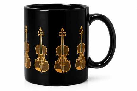 Black mug with gold violin illustrations on a white background