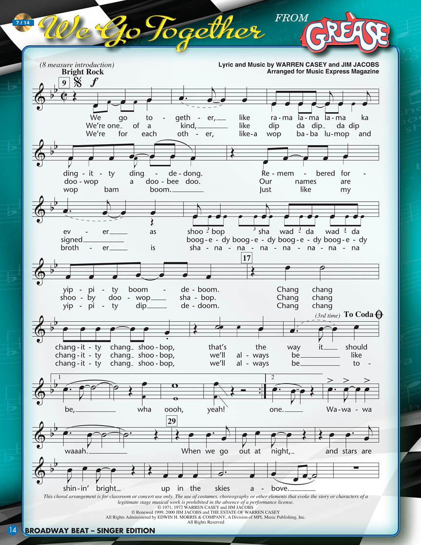 Sheet music for 'We Go Together' from Grease on a blue background