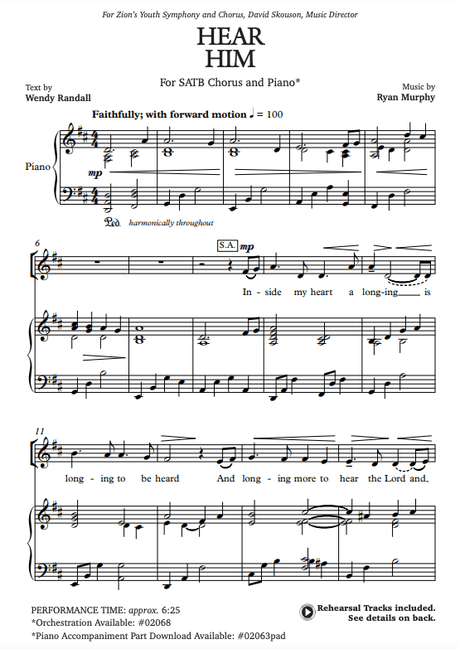 hear him sheet music by ryan murphy from the tabernacle choir