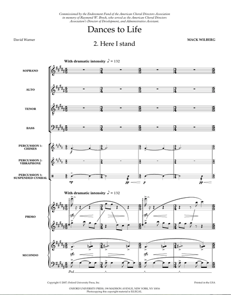 Sheet music for 'Dances to Life' by Mack Wilberg with musical notation for various instruments.