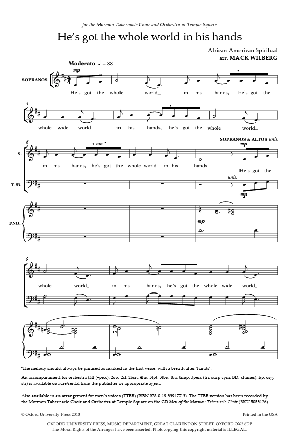 Sheet music for 'He's got the whole world in his hands' by Mack Wilberg with musical notation and lyrics.