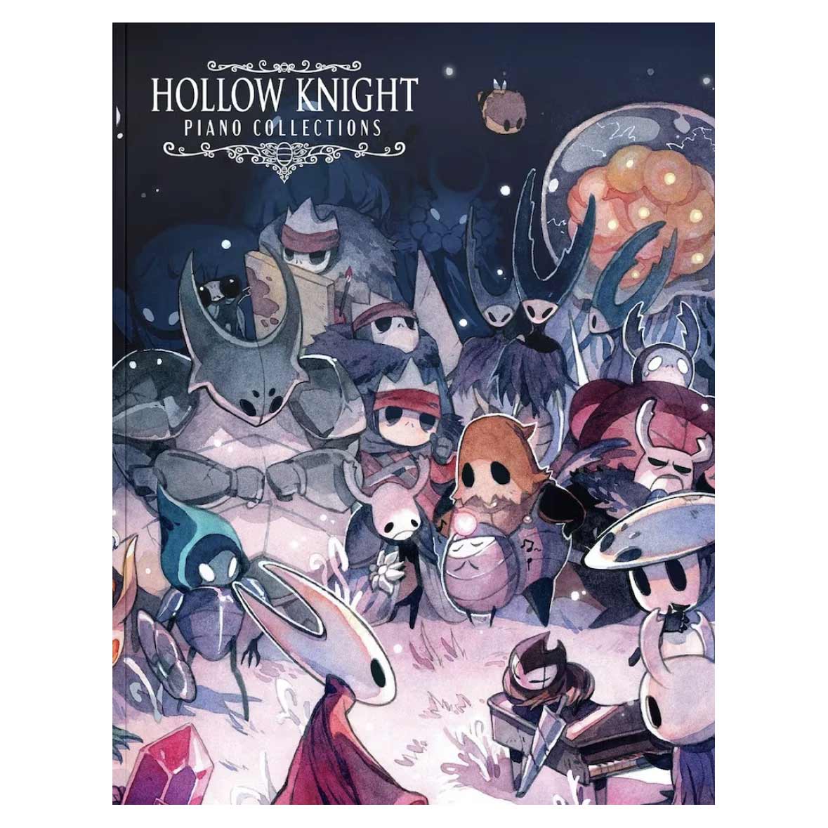 Book cover of 'Hollow Knight Piano Collections' with animated characters on a dark blue background.