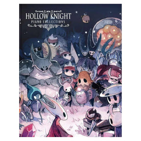 Book cover of 'Hollow Knight Piano Collections' with animated characters on a dark blue background.