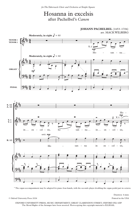 Sheet music for 'Hosanna in excelsis' after Pachelbel's Canon by Johann Pachelbel, arranged by Mack Wilberg.