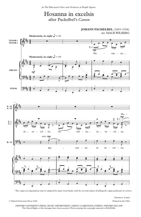 Sheet music for 'Hosanna in excelsis' after Pachelbel's Canon by Johann Pachelbel, arranged by Mack Wilberg.
