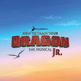 Promotional image for 'How to Train Your Dragon: The Musical Jr.' with a dragon silhouette against a gradient sky.