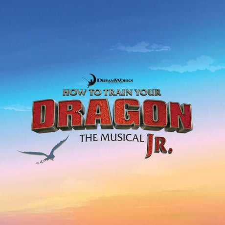 Promotional image for 'How to Train Your Dragon: The Musical Jr.' with a dragon silhouette against a gradient sky.