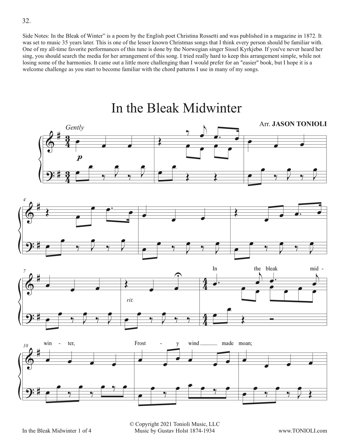 in the bleak midwinter Christmas songs for easy piano sheet music by jason tonioli