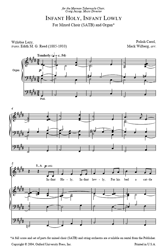 Sheet music for 'Infant Holy, Infant Lowly' for mixed choir and organ.