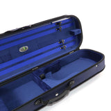 Open blue jakob winter violin case with interior padding on a white background