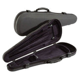 Black violin case with open lid on a white background