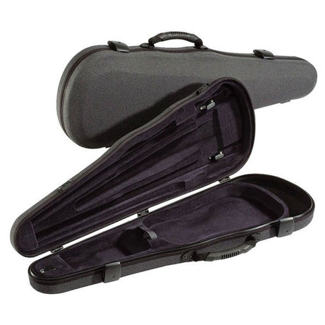 Black violin case with open lid on a white background