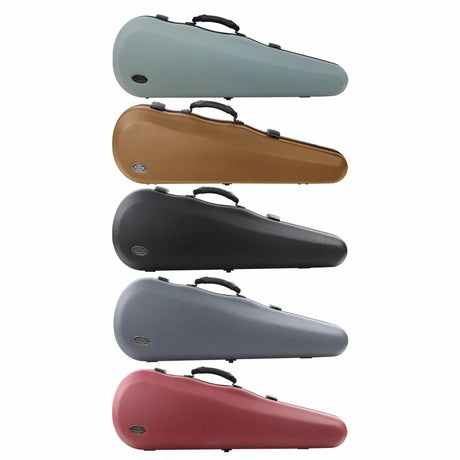 Five violin cases in different colors arranged vertically on a white background.