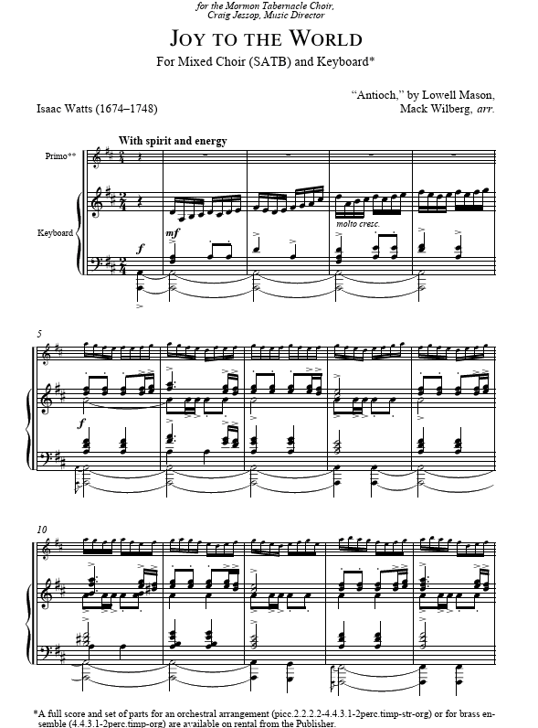 Sheet music for 'Joy to the World' with piano accompaniment