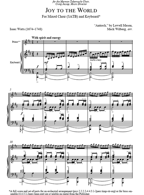 Sheet music for 'Joy to the World' with piano accompaniment