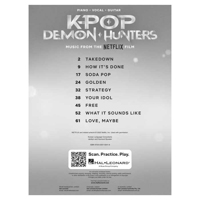 Sheet music cover for 'K-POP Demon Hunters' with track list and Hal Leonard branding.