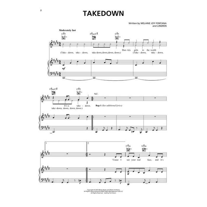 Sheet music for the song 'Takedown' with lyrics and musical notation.