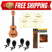Ukulele set with Aquila strings, tuner, and instructional book on a white background with free shipping banner.