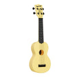 Yellow ukulele with black bindings on a white background