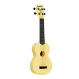 Yellow ukulele with black bindings on a white background