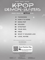 Sheet music cover for 'K-Pop Demon Hunters' with track list on a gray background