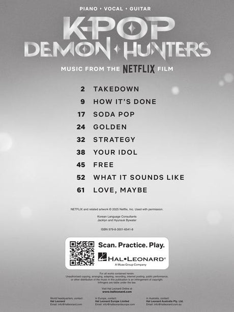 Sheet music cover for 'K-Pop Demon Hunters' with track list on a gray background