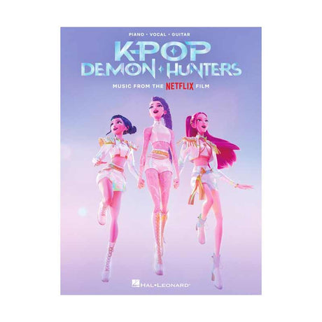Sheet music cover for 'K-Pop Demon Hunters' with three animated characters on a purple background.