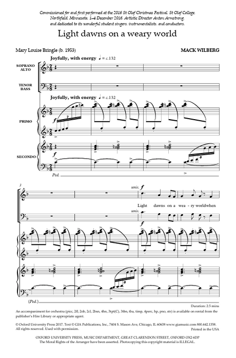 Sheet music for a musical piece titled 'Light dawns on a weary world' by Mack Wilberg.