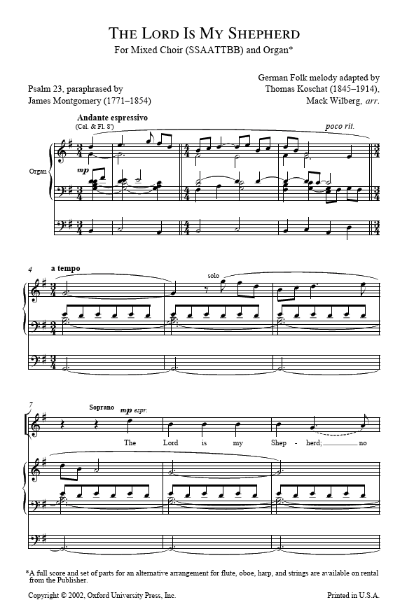 Sheet music for 'The Lord Is My Shepherd' with vocal and organ parts.