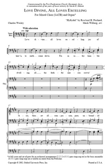 Sheet music for 'Love Divine, All Loves Excelling' by Charles Wesley with organ accompaniment.