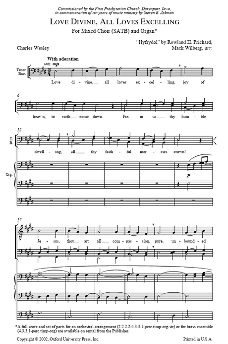Sheet music for 'Love Divine, All Loves Excelling' by Charles Wesley with organ accompaniment.