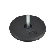A black circular music stand base weight with a central screw, bearing the 'Manhasset 2.5' brand marking.