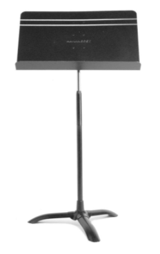 A black Manhasset Concertino music stand with a vertical extension and a round, solid base.