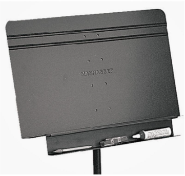 A black Manhasset music stand accessory shelf attached to a music stand, designed to provide storage for music paraphenalia.