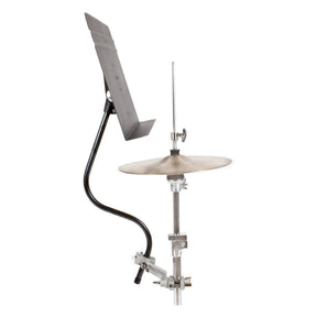 Manhasset High Hat Drummer Stand with a metal desk and drum hardware, featuring a clear polycarbonate desk, dual clamp/dual swivel mounting system, and a double curved shaft.