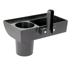 A black Manhasset stand accessory box with a hanger, designed to be attached below a music stand for storage of various accessories.