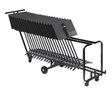 A black Manhasset standard music stand cart with a steel frame, capable of holding up to 25 stands, featuring two wheels and a collapsible design.