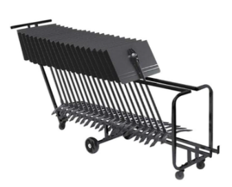 A black Manhasset standard music stand cart with a steel frame, capable of holding up to 25 stands, featuring two wheels and a collapsible design.