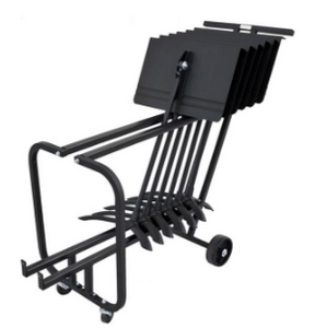 A black Manhasset standard music stand short cart designed to hold music stands, featuring a steel frame, polyethylene rail liners, and wheels.